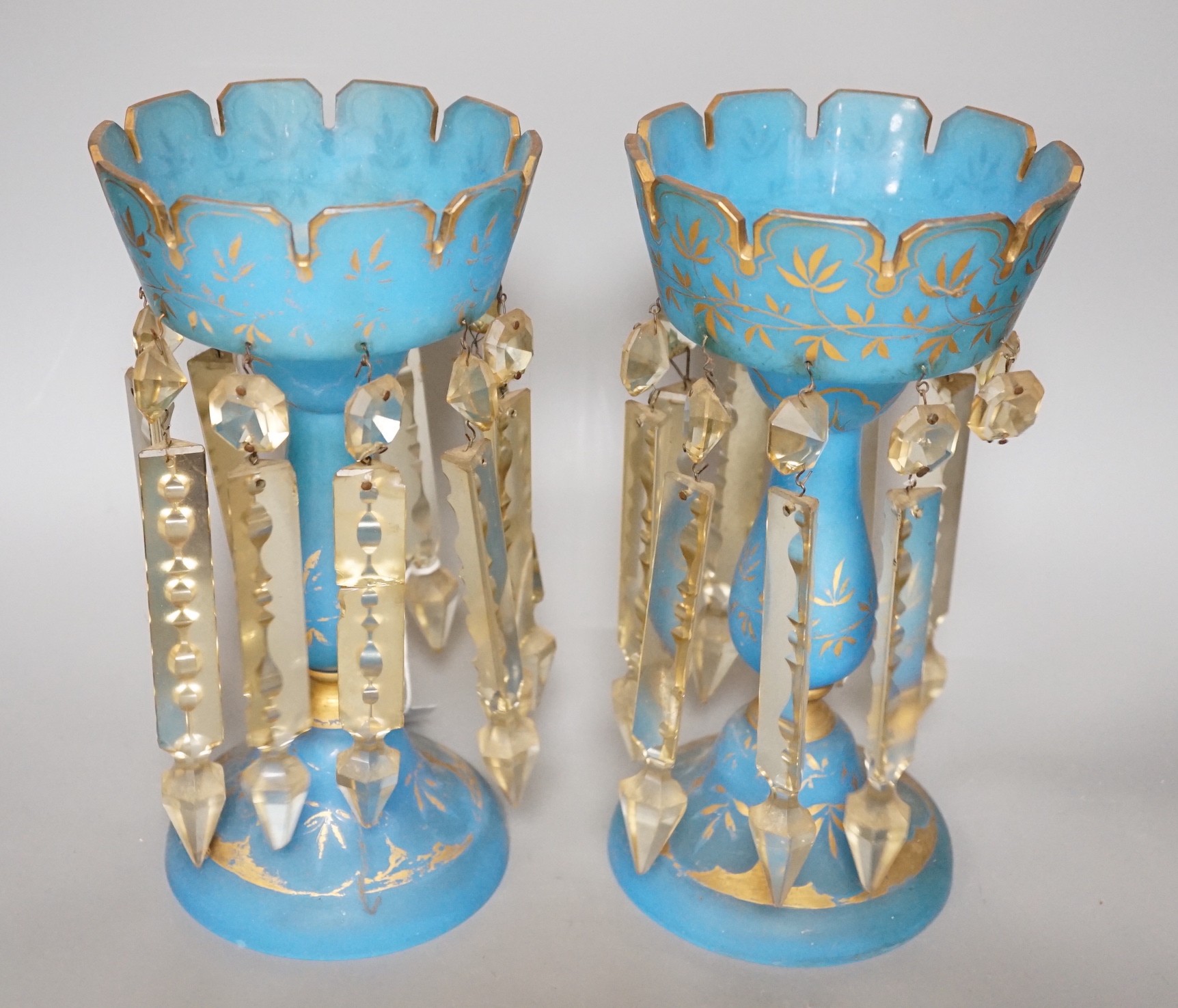 A pair of 19th century turquoise glass table lustres, 27.5cm